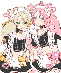 2boys animal_hands apron bell belt_collar black_skirt blonde_hair bow cat_tail closed_mouth collar cropped_shirt ensemble_stars! frilled_apron frilled_hairband frills gloves green_eyes hair_between_eyes hairband heart jingle_bell looking_at_viewer male_focus multiple_boys open_mouth oukawa_kohaku paw_gloves pink_hair pinstripe_bow purple_eyes shiratori_aira_(ensemble_stars!) shisokonbu short_hair simple_background skirt tail white_background yellow_bow
