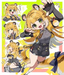 Rule 34 | + +, 1girl, :3, animal ear fluff, animal ears, bell, black gloves, black shorts, blonde hair, blue bow, bow, breasts, closed eyes, collared shirt, colored inner hair, cropped jacket, elbow gloves, fang, fingerless gloves, gloves, green eyes, grey shirt, highres, jacket, jingle bell, ju fufu, looking at viewer, medium breasts, multicolored hair, multiple views, oishii sasa, open mouth, shirt, short shorts, short sleeves, shorts, socks, tail, tail bow, tail ornament, teeth, thigh strap, tiger ears, tiger girl, tiger tail, translation request, upper teeth only, white hair, white socks, yellow jacket, zenless zone zero