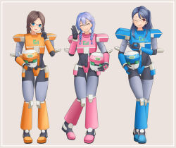 Rule 34 | 3girls, ;p, armor, artist request, black bodysuit, black gloves, blue armor, blue boots, blue eyes, blue hair, blue helmet, bodysuit, boots, braid, braided ponytail, breasts, brown background, brown hair, closed eyes, closed mouth, girlfriend (kari), glasses, gloves, hair ornament, hairclip, helmet, hino kanae, indoors, kaito mitsuko, large breasts, long hair, medium breasts, multiple girls, murakami fumio, one eye closed, open mouth, pink armor, pink boots, pink helmet, red eyes, simple background, smile, standing, tagme, tongue, tongue out, twin braids, twintails, unworn headwear, unworn helmet, v, yellow armor, yellow boots, yellow helmet