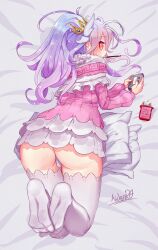 1girl artist_name ass bed_sheet blue_gemstone blue_hair blush box cosplay crown dakimakura_(medium) dress eating english_text feet_up female_focus food from_above from_behind gem gradient_hair handheld_game_console highres holding holding_handheld_game_console horns kanna_kamui kanna_kamui_(cosplay) kobayashi-san_chi_no_maidragon kyojiri_loli loli long_hair long_sleeves looking_at_viewer looking_back lying mouth_hold multicolored_hair no_game_no_life on_stomach panties pillow pink_dress playing_games pocky ponytail puffy_long_sleeves puffy_sleeves purple_hair red_eyes shiro_(no_game_no_life) short_dress sidelocks signature solo spindle_(aidenr0) thighhighs two-tone_hair underwear white_horns white_panties white_thighhighs yellow_crown