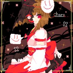 1other =) text_background black_background brown_hair chara_(undertale) heterochromia japanese_clothes kimono leila lowres mask pixel_art red_eyes ribbon shirt smile solo undertale white_eyes white_shirt