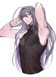 1boy ahoge arm_up armpits biceps black_sweater blue_eyes cropped_torso deltoids grey_hair hair_between_eyes hair_over_shoulder hands_in_own_hair highres huge_ahoge hypnosis_mic jinguji_jakurai long_hair looking_at_viewer male_focus mature_eyes multicolored_hair pale_skin pectorals presenting_armpit raised_inner_eyebrows ribbed_sweater sidepec simple_background sleeveless sleeveless_sweater solo steaming_body streaked_hair sweat sweatdrop sweater triceps turtleneck turtleneck_sweater very_long_hair white_background yunikuso
