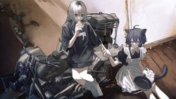 2girls animal_ears apron bandaid bandaid_on_arm bandaid_on_finger bandaid_on_hand black_shirt blonde_hair blue_hair brown_eyes cat_ears cat_girl cat_tail closed_mouth commentary eating food from_above frying_pan grey_eyes hair_between_eyes highres holding holding_food holding_frying_pan holding_hands holding_sandwich ladle leaning_against_motorcycle leg_warmers long_hair long_shirt maid maid_apron motor_vehicle motorcycle multiple_girls on_floor original pantyhose print_shirt saddlebags sandwich shirt short_hair sidecar sitting spare_tire spatula symbol-only_commentary tail unused_tire whisk white_leg_warmers white_pantyhose wooden_floor zumochi