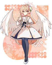 1girl black_neckerchief black_pantyhose blonde_hair blue_archive blush bright_pupils closed_mouth commentary cup dress feathered_wings full_body hair_between_eyes halo high_heels highres holding holding_cup holding_saucer long_hair long_sleeves looking_at_viewer nagisa_(blue_archive) neckerchief orange_background orange_eyes orange_halo pantyhose sailor_collar saucer shirocha_tei shoes smile solo standing twitter_username very_long_hair white_dress white_pupils white_sailor_collar white_shoes white_wings wings