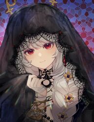 Rule 34 | 1girl, bandaged arm, bandages, black dress, black nails, black veil, dress, hair over shoulder, hand up, highres, holding veil, jiaoliu kongjuzheng, lace-trimmed veil, lace trim, long braid, long hair, looking at viewer, official alternate costume, portrait, purple background, red eyes, reverse:1999, semmelweis (reverse:1999), smile, solo, stained glass, veil, white hair