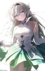 1girl bare_shoulders black_bow black_hairband blue_eyes bow breasts closed_mouth commentary corrupted_twitter_file cowboy_shot cryne detached_sleeves english_commentary firefly_(honkai:_star_rail) frilled_shirt_collar frills gradient_hair green_hair green_skirt grey_hair hair_bow hairband highres honkai:_star_rail honkai_(series) light_blush long_hair looking_at_viewer medium_breasts multicolored_eyes multicolored_hair no_jacket pink_eyes shirt simple_background skirt smile solo thighs twitter_username very_long_hair white_background white_shirt