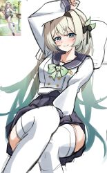 1girl absurdres black_hairband black_ribbon blue_sailor_collar blue_skirt blush bow bowtie buttons closed_mouth collared_shirt double-breasted firefly_(honkai:_star_rail) firefly_(spring_missive)_(honkai:_star_rail) gradient_hair green_bow green_bowtie green_pupils grey_hair hair_between_eyes hair_intakes hair_ribbon hairband highres honkai:_star_rail honkai_(series) kimae long_hair long_sleeves multicolored_eyes multicolored_hair pleated_skirt ribbon sailor_collar shirt simple_background skirt smile solo sweatdrop thighhighs two-tone_eyes white_background white_shirt white_sleeves white_thighhighs