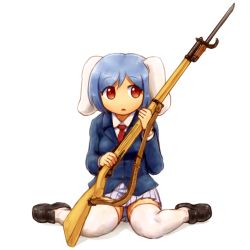 1girl animal_ears bayonet blazer blue_hair female_focus gun jacket long_sleeves musket necktie open_mouth panties pantyshot pleated_skirt rabbit_ears red_eyes reisen rifle shirosato shirt short_hair sitting skirt solo striped_clothes striped_panties thighhighs touhou underwear wariza weapon white_thighhighs