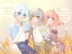 1boy 2girls ahoge blue_eyes blue_shirt coat commentary cyrene_(honkai:_star_rail) english_commentary english_text fingerless_gloves gloves grabbing_another&#039;s_arm grey_hair hair_ornament highres honkai:_star_rail honkai_(series) medium_hair multiple_girls outdoors phainon_(honkai:_star_rail) pink_hair purple_coat purple_gloves ringotea shirt short_hair smile speech_bubble stelle_(honkai:_star_rail) trailblazer_(honkai:_star_rail) wheat wheat_field white_hair white_shirt yellow_eyes