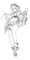 absurdres apron bow closed_mouth commentary_request ddal detached_sleeves full_body genshin_impact greyscale hair_ornament highres holding holding_tray japanese_clothes kimono looking_at_viewer maid monochrome obi_bow okobo platform_sandals sandals short_kimono simple_background sketch sleeveless sleeveless_kimono socks tabi tray wa_maid white_background wide_sleeves yumemizuki_mizuki