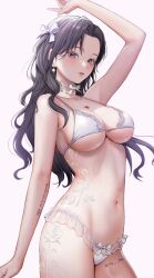 10_plus 1girl arm_up bikini black_hair blush bow bow_bikini breasts chest_tattoo choker commission cowboy_shot earrings flower_tattoo frilled_bikini frills grey_eyes groin hair_bow heart heart_tattoo highres jewelry lace lace_choker large_breasts long_hair looking_at_viewer micro_bikini navel original parted_lips sideboob simple_background skeb_commission solo stomach strap_gap string_bikini swimsuit tattoo twitter_username underboob white_background white_bikini white_bow