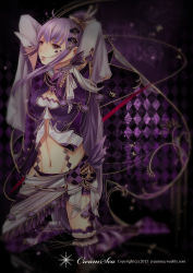 1girl argyle_background argyle_clothes bad_id bad_pixiv_id creamsea female_focus gradient_background highres long_hair original purple_eyes purple_hair solo spade