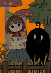 1girl absurdres ahoge apple bird brown_hair chicken creature food fruit grass headscarf highres ikuta_semi krobus medium_hair monster mushroom orange_(fruit) pine_tree stardew_valley tall_grass tree