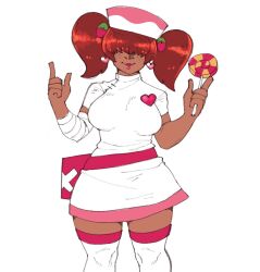 1girl 1shermieaday breasts curvy dark-skinned_female dark_skin dress earrings female_focus hat heart huge_breasts jewelry large_breasts long_hair ponytail red_hair shermie_(kof) skirt smile smiley_face socks standing tan the_king_of_fighters thick_thighs thighs twintails wide_hips
