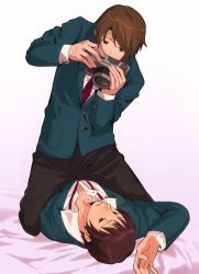 2boys blazer boy_on_top brown_eyes brown_hair brown_pants camera commentary_request green_jacket highres holding holding_camera jacket kita_high_school_uniform kl_(reikishikl) koizumi_itsuki kyon long_sleeves looking_at_another lying male_focus multiple_boys necktie on_back on_bed open_clothes open_jacket pants pocket red_necktie school_uniform shirt short_hair simple_background suzumiya_haruhi_no_yuuutsu white_background white_shirt