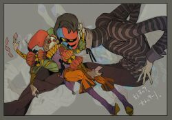 Rule 34 | 2boys, androgynous, arlecchino (vlad grimms), asymmetrical eyes, asymmetrical mask, asymmetrical sleeves, bakushi (smys2017), bell-bottoms, black eyes, black hair, black nails, black pants, black ribbon, black sleeves, blue mask, blunt bangs, blunt ends, bob cut, boots, border, bow, brown hair, buttoned cuffs, buttons, card, collared shirt, colored sclera, colored skin, comedy and tragedy masks, commentary request, extra arms, familiar, fingernails, full body, giant, green hat, green sleeves, grey background, grey border, grey sleeve cuffs, grey sleeves, hand on another&#039;s neck, harlequin, hat, horizontal-striped sleeves, jester, jester cap, jester costume, legs apart, long sleeves, lying on lap, makeup, medium hair, mismatched sleeves, mismatched thighhighs, monster boy, multiple boys, neck ribbon, neck ruff, nose, orange pants, overlapped images, pale skin, pants, parted bangs, playing card, pleated pants, puff and slash shorts, puff and slash sleeves, puffy long sleeves, puffy sleeves, pulcinella (vlad grimms), purple boots, purple shirt, red hat, red mask, red sclera, ribbon, shirt, simple background, striped clothes, striped shirt, tied sleeves, translation request, two-tone hat, two-tone mask, vampire, vlad grimms, white skin, wing collar, yellow bow, yellow collar, yellow eyes, yellow sleeve cuffs
