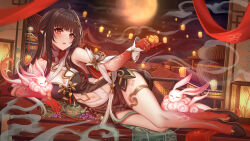 1girl absurdres bare_shoulders black_footwear blush breasts brown_hair chinese_commentary colored_extremities full_body fuyuan_(honkai:_star_rail) gradient_hair gu_li hair_ornament high_heels highres honkai:_star_rail honkai_(series) lantern large_breasts lingsha_(honkai:_star_rail) long_hair lying moon multicolored_hair night on_side parted_lips red_feet red_hair red_hands sidelocks smile thighs