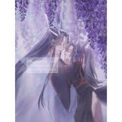 Rule 34 | 2boys, ahoge, animal ears, ass, backless outfit, bishounen, black hair, black hanfu, blue shawl, chinese clothes, closed eyes, dragon boy, eastern dragon horns, eastern dragon tail, flower, fox boy, fox ears, fox tail, from side, hair ribbon, hands on another&#039;s face, hanfu, headband, highres, imminent kiss, kemonomimi mode, lan wangji, long hair, long sleeves, male focus, modao zushi, multiple boys, ojisan rbt, parted lips, ponytail, profile, purple flower, red ribbon, ribbon, robe, sash, shawl, sidelocks, sitting, smile, standing, tail, topknot, twitter username, watermark, wei wuxian, white hanfu, white headband, wide sleeves, wisteria, xiao guan (headdress), yaoi