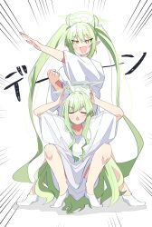 2girls absurdres blue_archive blush breasts fang green_hair green_halo halo highres hikari_(blue_archive) multiple_girls nozomi_(blue_archive) open_mouth oversized_clothes shirt simple_background small_breasts standing tovjiw6kok72805 twintails white_shirt yellow_eyes