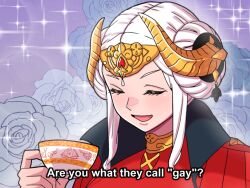 1girl circlet closed_eyes collar dress drinking edelgard_von_hresvelg edelgard_von_hresvelg_(timeskip) english_text fire_emblem fire_emblem:_three_houses flower hair_bun hair_ornament happy mnejing30 nintendo red_dress rose solo tea white_hair