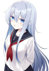 1girl :o anchor_symbol blue_eyes blue_hair blue_sailor_collar blue_skirt blush collarbone commentary double-parted_bangs hair_between_eyes hibiki_(kancolle) highres kantai_collection long_hair long_sidelocks long_sleeves looking_at_viewer neckerchief open_mouth pleated_skirt red_neckerchief sailor_collar shikuro_(iorimiyakiyo) shirt sidelocks simple_background skirt solo upper_body very_long_hair white_background white_shirt