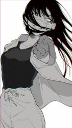 1girl absurdres chainsaw_man finger_gun grin haru_rice highres jacket looking_at_viewer pants pointing pointing_at_viewer ringed_eyes scar scar_on_face scar_on_nose shirt smile solo sweatpants teeth yoru_(chainsaw_man)