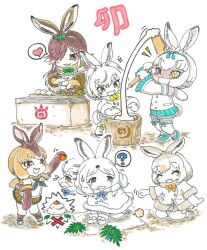 +++ 6+girls puff_of_air ? ^_^ afterimage all_fours animal_ears annoyed arctic_hare_(kemono_friends) arm_at_side arm_up arms_up bare_shoulders black_eyes black_hair bow bowtie brown_eyes brown_hair chibi cloak closed_eyes coat colored_inner_hair dark-skinned_female dark_skin detached_sleeves european_hare_(kemono_friends) flying_sweatdrops food frilled_sleeves frills fruit full_body fur_collar fur_trim gloves grey_eyes grey_hair hair_over_one_eye hairband heart heterochromia holding holding_mallet japanese_hare_(kemono_friends) japari_symbol kemono_friends kine kneeling light_brown_hair long_hair looking_at_another looking_at_object mallet medium_hair mochi mochitsuki mortar_(bowl) motion_lines mountain_hare_(kemono_friends) multicolored_hair multiple_girls open_mouth orange_(fruit) pantyhose pleated_skirt rabbit_ears rabbit_girl rabbit_tail sandals shirt shoes skirt smile socks spoken_heart spoken_question_mark standing tail thighhighs tsukuyomi_shinshi_(kemono_friends) two-tone_hair v-shaped_eyebrows van_der_waals_(okb_001) white_hair yellow_eyes zettai_ryouiki