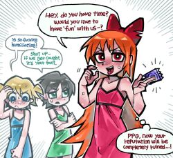 Rule 34 | 3boys, alternate costume, alternate hair length, alternate hairstyle, bare shoulders, black hair, blonde hair, blue eyes, blue nightgown, blush, boomer (ppg), brick (ppg), butch (ppg), chillup boy, condom, green eyes, green nightgown, hair ribbon, holding, holding condom, long hair, male focus, multiple boys, nightgown, orange hair, parted bangs, powerpuff girls, red eyes, red nightgown, red ribbon, ribbon, rowdyruff boys, simple background, spiked hair, sweat, sweatdrop, tongue, tongue out, twintails, white background