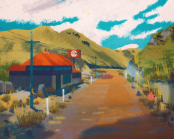 blue_sky building bush cloud cloudy_sky commentary creatures_(company) english_commentary game_freak gen_1_pokemon grass highres jigglypuff mountain mt._moon nintendo no_humans outdoors plant pokemon pokemon_(creature) power_lines road scenery sign signpost simone_mandl sky spearow utility_pole