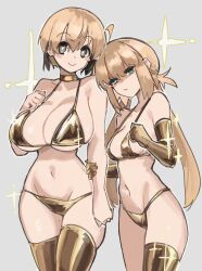 2girls absurdres ahoge bikini blonde_hair blue_eyes breasts brown_eyes character_request commentary copyright_request english_commentary fate_(series) gold_bikini gold_thighhighs golden_week grey_background highres jonyeld large_breasts long_hair medium_breasts multiple_girls navel short_hair simple_background single_thighhigh sparkle swimsuit thighhighs