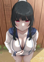 1girl black_hair blush breasts day fence hair_ribbon hood hooded_jacket isokaze_(kancolle) jacket kantai_collection long_hair long_sleeves looking_at_viewer medium_breasts open_clothes open_jacket outdoors oyu_(aoba_0054) ponytail red_eyes ribbon school_uniform serafuku smile solo swimsuit swimsuit_under_clothes tress_ribbon watermark white_jacket wooden_fence yukikaze_(kancolle) yukikaze_(swimsuit)_(kancolle) zipper