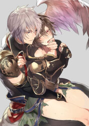 2boys armor blush bottomless brown_hair doushite finger_in_another&#039;s_mouth granblue_fantasy lucifer_(shingeki_no_bahamut) male_focus multiple_boys red_eyes sandalphon_(granblue_fantasy) short_hair smile thighs white_hair wings yaoi