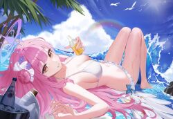 1girl absurdres beach bikini bird blue_archive blue_bow blue_sky bottle bow breasts bucket cloud cloudy_sky commentary crescent day feathered_wings fingernails flower frilled_bikini frills hair_bun hair_flower hair_ornament hair_ribbon halo highres holding holding_bottle ice ice_cube knees_up large_breasts long_hair looking_at_viewer low_wings lying mika_(blue_archive) nail_polish navel on_back outdoors palm_tree perrier_(brand) pink_hair pink_halo pink_lips pink_nails purple_flower rainbow revision ribbon rock seagull single_side_bun sky smile sohan_(sohan_416) stomach sunlight swimsuit thighs tree waves white_bikini white_ribbon white_wings wings yellow_eyes