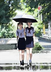 Rule 34 | 2girls, backpack, bag, black hair, black shoes, black socks, blue sailor collar, blue skirt, brown hair, closed eyes, highres, hiramedousa, loafers, long hair, multiple girls, neckerchief, open mouth, original, outdoors, pleated skirt, red neckerchief, sailor collar, school uniform, serafuku, shared umbrella, shirt, shoes, short hair, skirt, socks, twintails, umbrella, white sailor collar, white shirt, white socks