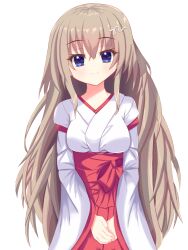 1girl 9-nine- absurdres alternate_costume behinmos_1102 blue_eyes blush breasts brown_hair closed_mouth commentary_request eyelashes eyes_visible_through_hair hair_between_eyes hair_ornament hakama highres japanese_clothes kimono kujou_miyako large_breasts long_hair long_sleeves looking_at_viewer miko own_hands_together red_hakama sidelocks simple_background smile snake_hair_ornament solo very_long_hair white_background white_kimono wide_sleeves