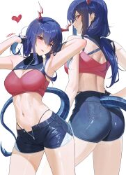 1girl absurdres alternate_costume arknights arm_behind_head armpits arms_up ass back black_gloves black_panties blue_hair breasts ch&#039;en_(arknights) cleavage cleavage_cutout closed_mouth clothing_cutout dragon_girl dragon_horns dragon_tail fingerless_gloves from_behind gloves hair_between_eyes highleg highleg_panties highres horns indonesian_commentary long_hair looking_at_viewer medium_breasts open_clothes open_mouth open_shorts panties panty_straps rasipan red_eyes shorts sideways_glance simple_background smile sweat tail thighs underwear white_background