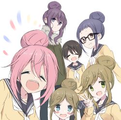 6+girls :d alternate_hairstyle black_hair blonde_hair blue_eyes blush_stickers brown_eyes core_(mayomayo) fang glasses green_eyes grin hair_bun highres inuyama_akari inuyama_aoi kagamihara_nadeshiko kagamihara_sakura matching_hairstyle motosu_school_uniform multiple_girls oogaki_chiaki open_mouth pink_hair purple_hair sailor_collar saitou_ena school_uniform short_hair siblings sisters smile thick_eyebrows v white_background yurucamp