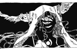 1girl body_horror chest_tattoo demon_girl disembodied_hand extra_eyes eye_print facial_mark fate/grand_order fate_(series) forehead_mark greyscale hand_on_own_cheek hand_on_own_face hand_up highres horn_ornament horn_ring horns letterboxed long_hair looking_at_viewer monochrome open_mouth parted_bangs print_veil sawbeaver sessyoin_kiara sessyoin_kiara_(third_ascension) smile solo tassel tattoo veil wavy_hair