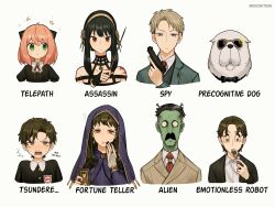 Rule 34 | absurdres, alien, anya (spy x family), black hair, bond (spy x family), closed mouth, colored skin, dagger, damian desmond, demetrius desmond, donovan desmond, dress, ducartoon, eden academy school uniform, family, formal clothes, green eyes, green suit, hairpods, highres, jacket, knife, long hair, long sleeves, melinda desmond, mother and son, multiple boys, multiple girls, necktie, open mouth, pink hair, school uniform, shirt, short hair, smile, spy x family, stiletto (weapon), suit, twilight (spy x family), weapon, white shirt, yellow eyes, yor briar