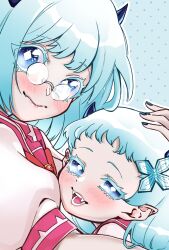 2girls artist_request blue_eyes blush crocell_chima crocell_keroli glasses highres long_hair mairimashita!_iruma-kun multiple_girls pointy_ears school_uniform short_hair smile white_hair