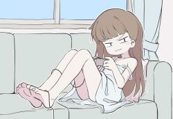 Rule 34 | 1girl, :3, bare legs, barefoot, brown hair, child gf (orenji), commentary, couch, dress, english commentary, highres, indoors, knees up, long hair, on couch, orenjipiiru, original, outline, sitting, smug, soles, solo, sundress, textless version, toes, white dress, white outline