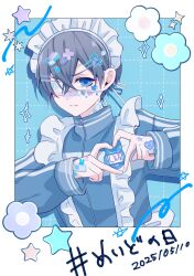 1boy alternate_costume bandaid bandaid_on_face bear_hair_ornament blue_eyes blush bow ciel_phantomhive commentary contemporary decora eyelashes eyepatch grey_hair hair_bow hair_ornament hairband hairclip highres jersey_maid kuroshitsuji maid maid_day male_focus pale_skin pill plus_sign rainbow_hair_ornament sticker_on_face tenshi_kaiwai unconventional_maid x_hair_ornament yu_ki_koo