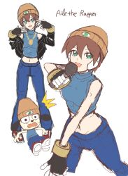1boy 1girl aile_(mega_man_zx) bare_shoulders beanie black_jacket blue_pants blue_shirt breasts brown_hair brown_hat copyright_name cowboy_shot cropped_jacket crossover denim full_body green_eyes hat highres holding holding_microphone jacket medium_breasts mega_man_(series) mega_man_zx microphone navel off_shoulder pants raica_(khongbautroi) rapping shirt short_hair sketch