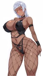 1girl absurdres ass black_choker breasts character_request choker colored_eyelashes covered_erect_nipples cowboy_shot cross-laced_clothes cross-laced_top dark-skinned_female dark_skin detached_sleeves fishnet_pantyhose fishnet_sleeves fishnets hand_on_own_ass highleg highres huge_ass large_breasts midriff mousekkk navel pantyhose partially_shaded_face puckered_lips solo sweat white_hair xiuxian:_mu_zhu_chuan yellow_eyes