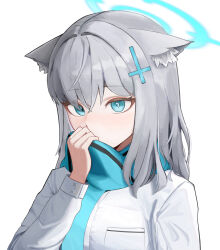 1girl absurdres animal_ear_fluff animal_ears blue_archive blue_eyes blue_halo blue_scarf breast_pocket buttoned_cuffs buttons commentary covered_mouth covering_own_mouth diamond-shaped_pupils diamond_(shape) grey_hair hair_between_eyes hair_ornament halo highres kojy_2524 long_sleeves medium_hair mismatched_pupils pocket scarf shiroko_(blue_archive) shirt simple_background solo surgeon_cuffs symbol-shaped_pupils white_background white_shirt