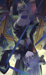 1girl absurdres aiguillette animal_ears arknights black_boots black_gloves black_jacket black_skirt blue_ribbon bolo_tie boots card commentary_request crossed_bangs empty_picture_frame foot_out_of_frame fur_trim gloves grey_eyes grey_hair hair_between_eyes high-waist_skirt highres jacket lappland_(arknights) long_hair long_sleeves looking_at_viewer material_growth oripathy_lesion_(arknights) picture_frame ribbon satellite999 scar scar_across_eye scar_on_face skirt smile solo upside-down wolf_ears wolf_girl