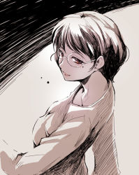 1girl female_focus glasses kubocha monochrome original short_hair smile solo