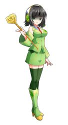 1girl black_hair blunt_bangs boots breasts commentary_request dairi detached_sleeves empty_eyes full_body green_boots green_eyes green_skirt green_thighhighs headphones headset high_heel_boots high_heels highres holding knee_boots kyoumachi_seika large_variant_set looking_at_viewer microphone necktie parted_lips red_necktie shaded_face short_hair skirt smile solo standing tachi-e thighhighs transparent_background variant_set voiceroid wand wing_collar zettai_ryouiki