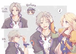 1boy 1girl amano_yoshitaka_design bandana bead_necklace beads black_jacket blonde_hair blue_eyes blush border breasts brown_eyes celes_chere earrings final_fantasy final_fantasy_vi grey_background grey_hair hair_between_eyes hair_ornament hand_in_another&#039;s_hair hand_in_own_hair headscarf high_collar humming jacket jewelry juliet_sleeves large_breasts laughing locke_cole long_hair long_sleeves looking_at_another lower_teeth_only multicolored_headwear multicolored_shirt multiple_earrings multiple_views musical_note necklace one_eye_closed open_collar open_mouth pan_ff6 parted_bangs print_shirt puffy_sleeves ribbon shirt short_hair sidelocks smile sparkle square_enix teeth upper_body wavy_hair wrist_ribbon