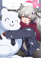 Rule 34 | 1girl, :d, absurdres, animal ears, black pantyhose, blue archive, blush, coat, grey hair, hair ornament, halo, highres, hiroikara (smhong04), long hair, long sleeves, looking at viewer, michiru (blue archive), open mouth, pantyhose, pink halo, raccoon ears, raccoon girl, raccoon hair ornament, raccoon tail, red scarf, scarf, short eyebrows, sitting, skirt, sleeves past wrists, smile, snow, snowman, solo, tail